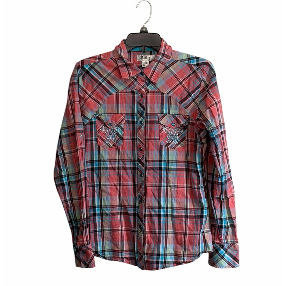Adiktd Women Western Shirt Med Embellished Pearl Snap Plaid Stitching Cowgirl
